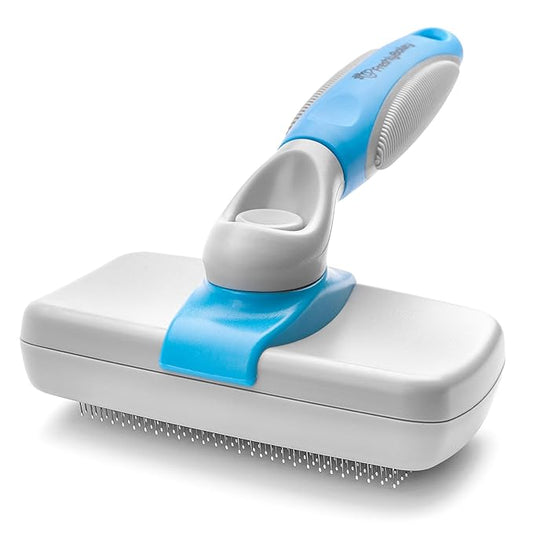 Self Cleaning Slicker Brush for Dogs and Cats - Hair Brush for Medium to Long-haired Pets - Effective, Comfortable, and Easy to Clean - White and Blue