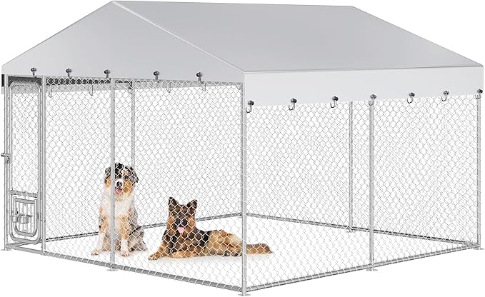 DWVO 10'x10' Large Outdoor Dog Kennel with Rotating Feeder Bowls, Outdoor Dog Pens with Roof, Heavy Duty Dog Cage for Large Dogs