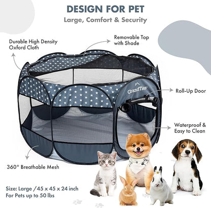 GrandTies Waterproof Dog & Cat Playpen – Foldable Pet Tent for Indoor & Outdoor, Pop-Up Kennel for Puppies, Kittens & Rabbits – Portable Travel Crate with Carrying Case (Starry Night, Large)