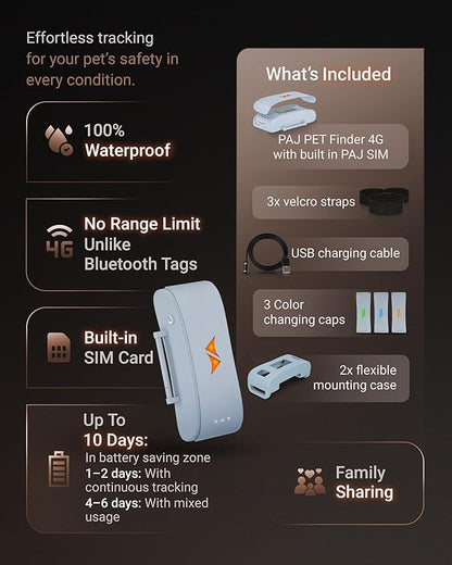 PAJ GPS Tracker for Dogs - 4G GPS Collar Tag with Real-Time Location Tracking & Runaway Alert - Waterproof & Up to 10 Days Battery Life - Fits Any Collar w/Glowing LEDs - Subscription Required - Grey