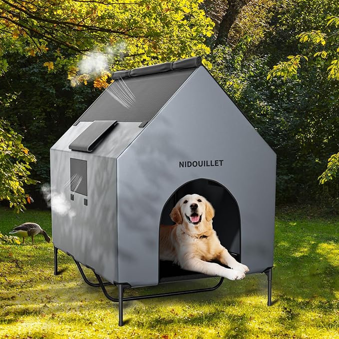 Nidouillet 48" Large Dog House for Outdoor or Indoor, Weatherproof 600D PVC Large Dog House with 8.5" H Textilene Elevated Dog Bed Breathable, Easy to Clean, Dog House Max 200lbs