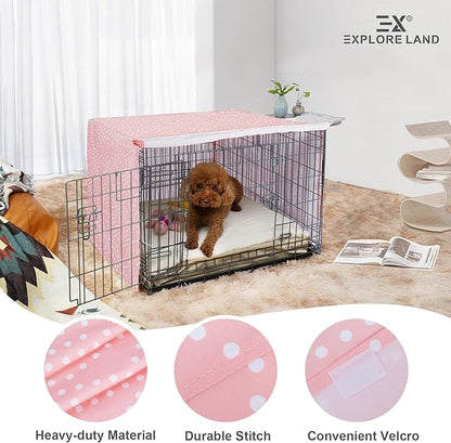 Explore Land Pattern Dog Crate Cover for 30 Inches Wire Cage, Heavy-Duty Polyester 1 2 3 Doors Standard Metal Pet Kennel Enclosure (Princess Pink)