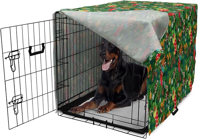 Ambesonne Christmas Dog Crate Cover, Xmas Accessories Stockings Candies Horse Teddy Bear on Pine, Easy to Use Pet Kennel Cover for Medium Large Dogs, 42 Inch, Green Brown