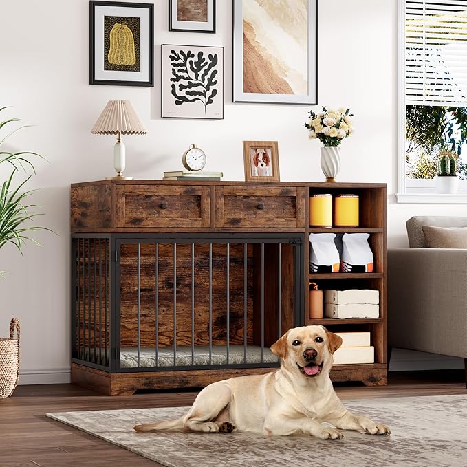 IDEALHOUSE 47” Large Dog Crate, Dog Kennel Indoor with 2 Drawers and 4 Shelves, Dog Crate Furniture TV Stand, Wooden Dog Cage for Medium Large Dogs, Brown