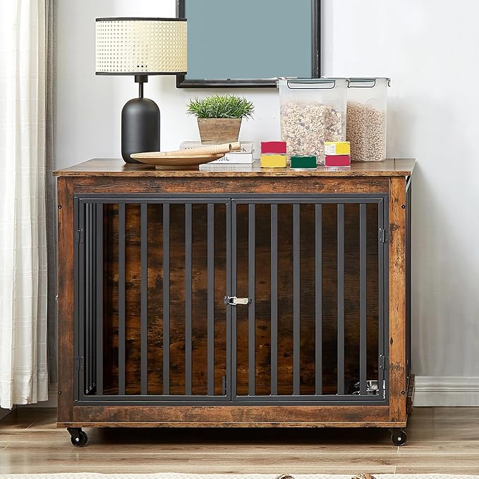 Furniture Dog Crate with Pull-Out Bowls, Wood Dog Kennel End Table with Wheels & Flip-Top, Indoor Pet House for Small to Medium Dogs/Cats, Simple Assembly Brown 43.7" W x 30" D x 33.7" H