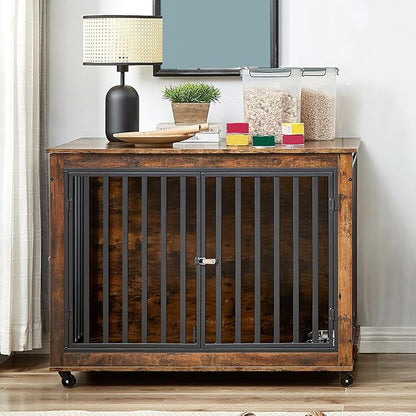 Furniture Dog Crate with Pull-Out Bowls, Wood Dog Kennel End Table with Wheels & Flip-Top, Indoor Pet House for Small to Medium Dogs/Cats, Simple Assembly Brown 43.7" W x 30" D x 33.7" H