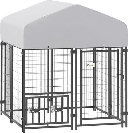 PawHut 3.9' x 3.9' x 4.5' Outdoor Dog Kennel, Welded Wire Heavy Duty Dog Run with 360° Rotating & 4 Level Adjustable Bowls, Dog Kennel Outside with Waterproof & UV Resistant Cover, for S&M Dogs