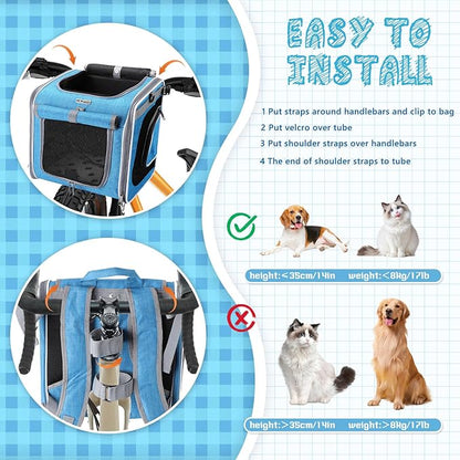 Dog Bike Basket, Foldable Pet Carrier, Adjustable Shoulder Strap Backpack, Portable Breathable Basket Bag for Dogs and Cats