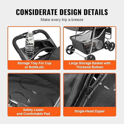 VEVOR Pet Stroller for Dogs and Cats up to 35lbs, 3 Wheels Folding Dog Cat Stroller for Medium Small Dogs, Portable Lightweigh Puppy Doggy Doggie Jogging Stroller with Storage Basket and Cup Holder