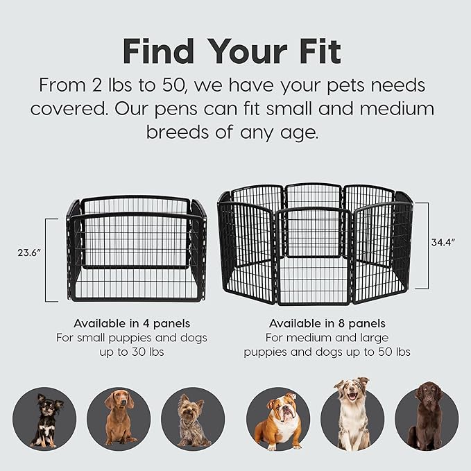 IRIS USA Dog Playpen, 8-Panel 34" Pet Playpen, Puppy Playpen, Indoor/Outdoor Dog Pen, 63 x 63 x 34, Foldable, Customizable, Black