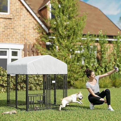 PawHut 3.9' x 3.9' x 4.5' Outdoor Dog Kennel, Welded Wire Heavy Duty Dog Run with 360° Rotating & 4 Level Adjustable Bowls, Dog Kennel Outside with Waterproof & UV Resistant Cover, for S&M Dogs
