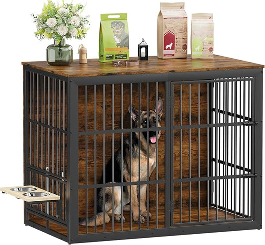 Rovibek 48 Inch Large Dog Crate with 2 Height Adjustable Dog Bowls 360° Rotatable, Cage Furniture for Large/Extra Large Dog Crate Indoor as End Table, Heavy Duty Dogs Kennel, Brown