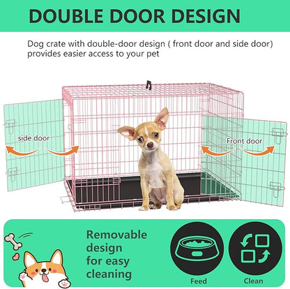 FDW 24 inch Dog Crate Dog Kennel Cage with Double Door Folding Metal Wire Dog Cage with Removable Tray&Divider Panel,Pet Crate for Small Dogs,Pink
