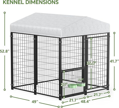Mr IRONSTONE Large Dog Kennel Outdoor with Water-Resistant Roof Heavy Duty Outside Dog Kennel Pet Pens Dogs Run Enclosure with Rotating Feeder and Secure Lock (4'L x 4'W x 4.4'H)
