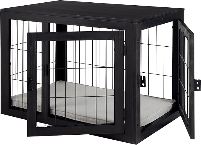 Furniture-Style Dog Crate - Acacia Wood Kennel for Medium Dogs with Double Doors and Cushion - Dog Cage Furniture by PETMAKER (Black)