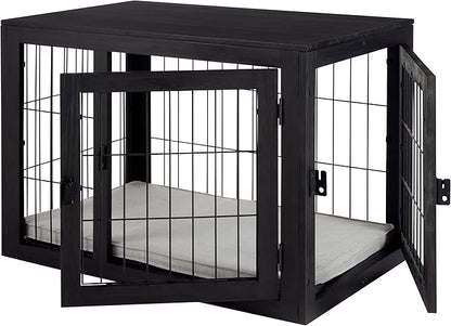 Furniture-Style Dog Crate - Acacia Wood Kennel for Medium Dogs with Double Doors and Cushion - Dog Cage Furniture by PETMAKER (Black)