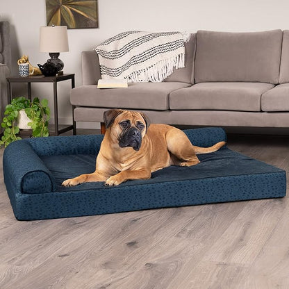 Furhaven Memory Foam Dog Bed for Large Dogs w/ Removable Bolsters & Washable Cover, For Dogs Up to 125 lbs - Plush & Almond Print L Shaped Chaise - Blue Almonds, Jumbo Plus/XXL