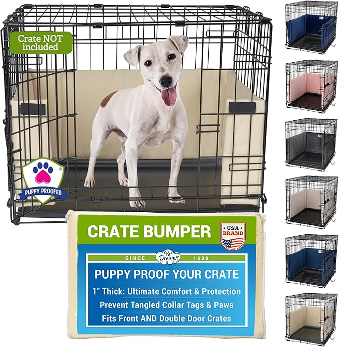 Pet Dreams Dog Crate Bumper - Comfy Liner & Dog Tail Protector for Inside Crate, Fits iCrate Cages 18, 24, 30, 36, 42, 48 Inches (Khaki, Medium, 30")