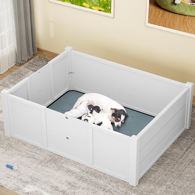 YITAHOME Whelping Box for Dogs/Puppies: Large Indoor Outdoor Playpen with Removable Doors, Washable Pads, Portable Puppy Brooder 39.4" L x 39.4" W x 17.7" H