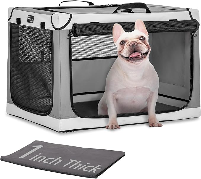 PETSFIT Portable Dog Crate, Soft Dog Crate - 24 Inch Easy Set-up, Light, Sturdy, Comfy Inside with Thicken Mat, Portable Kennel for Home and Travel Light Grey