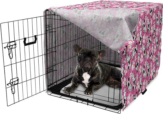 Lunarable Cow Dog Crate Cover, Cartoon Pattern Domestic Farm Animal and Daisy Flowers, Easy to Use Pet Kennel Cover for Cats & Medium Dogs, 24 Inch, Pink Charcoal Grey