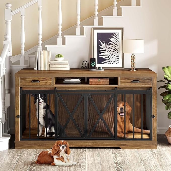 DWVO 63 Inch Double Dog Crate Furniture for 2 Dogs, Heavy Duty Wooden Dog Crate TV Stand with Charging Station, Dog Kennel Indoor Furniture Double Sliding Barn Door Design Ideal for 2 Dogs, Oak