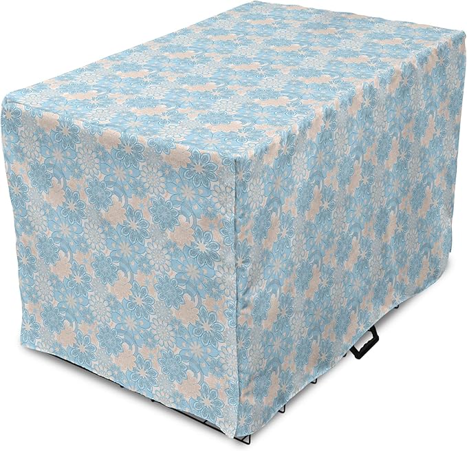 Lunarable Yellow and Blue Dog Crate Cover, Gentle Spring Inspired Flourish Motifs Feminine Bouquet, Easy to Use Pet Kennel Cover for Cats & Medium Dogs, 24 Inch, Blue Grey