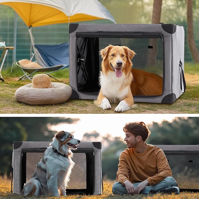 Travel Dog Crate - 37 Inch Collapsible Portable Foldable Crates for Large Dogs with Detachable Storage Bag, Removable Pad, and Mesh Windows for Outdoor & Indoor (Grey)