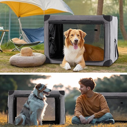 Travel Dog Crate - 37 Inch Collapsible Portable Foldable Crates for Large Dogs with Detachable Storage Bag, Removable Pad, and Mesh Windows for Outdoor & Indoor (Grey)
