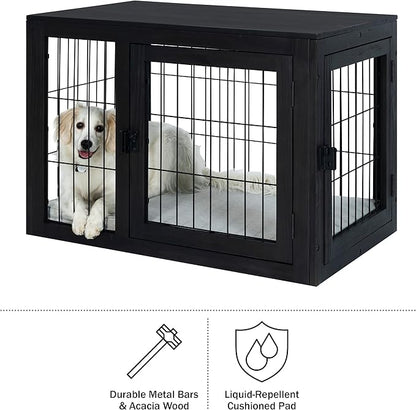 Furniture-Style Dog Crate - Acacia Wood Kennel for Medium Dogs with Double Doors and Cushion - Dog Cage Furniture by PETMAKER (Black)