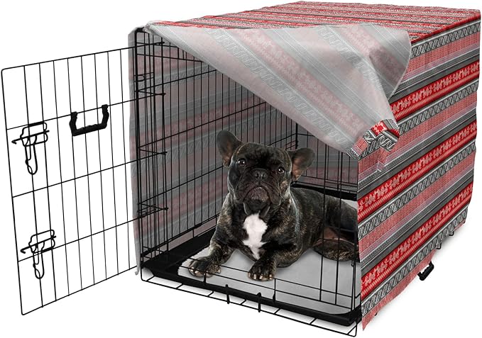 Lunarable Aztec Dog Crate Cover, Bird Motifs Abstract Indigenous Style Squares Latin American Inspired, Easy to Use Pet Kennel Cover for Cats & Medium Dogs, 24 Inch, Red Black White