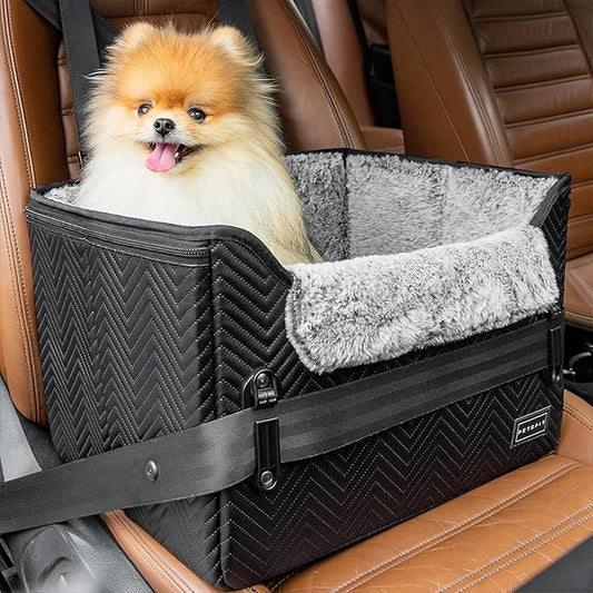 PETSFIT Dog Car Seat, Waterproof PU Leather Dog Carseat with Patented Safe Buckles, Clip-On Leash, Pet Travel Carrier Bed for Small Pets Up to 25lbs (Black)