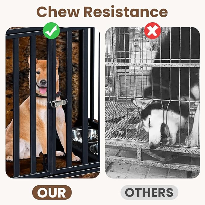 Rovibek Dog Crate Furniture for Large Dogs, 38.58 Inch, Large Dog Kennel Indoor with 2 Removable Dog Bowls, Flip-Up Top Opening and Wheels, Medium Dog Crate, Brown