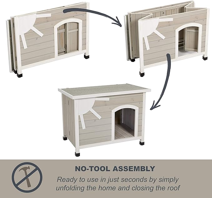 Midwest Homes for Pets Eilio Folding Outdoor Wood Dog House, No Tools Required for Assembly | Dog House Ideal for Large Dog Breeds, Beige (12EWDH-L)