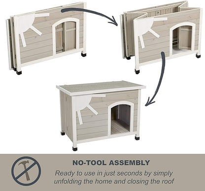 Midwest Homes for Pets Eilio Folding Outdoor Wood Dog House, No Tools Required for Assembly | Dog House Ideal for Large Dog Breeds, Beige (12EWDH-L)