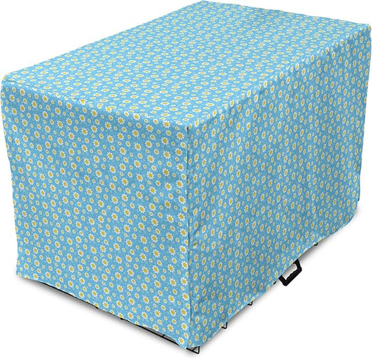 Lunarable Yellow and Blue Dog Crate Cover, Graphic Daisies Chamomiles Summer Nature Pattern with Dots, Easy to Use Pet Kennel Cover for Small Dogs Puppies Kittens, 18 Inch, Aqua Marigold White