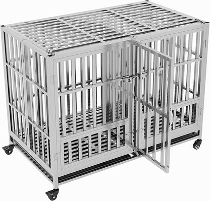 37" 42" 48" Heavy Duty Dog cage Stainless Steel Metal Kennel and Crate, Collapsible for Medium to Large Dogs, Easy to Assemble pet Pen with Four Lockable Wheels, Black Tray (48in-sm)