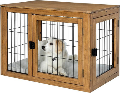 Furniture-Style Dog Crate - Acacia Wood Kennel for Medium Dogs with Double Doors and Cushion - Dog Cage Furniture by PETMAKER (Natural)