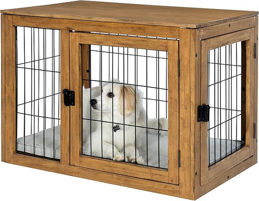 Furniture-Style Dog Crate - Acacia Wood Kennel for Medium Dogs with Double Doors and Cushion - Dog Cage Furniture by PETMAKER (Natural)