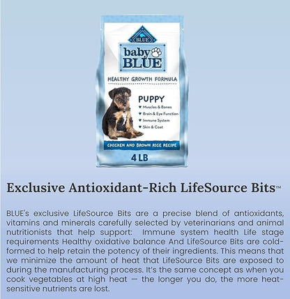 Baby Blue Puppy Food Bundle, Includes 01 Bag(4 LB) Baby Blue Healthy Growth Formula with Chicken and Brown Rice,01 Carrot Dog Toys and 01 Booklet About Pet Nutrition.