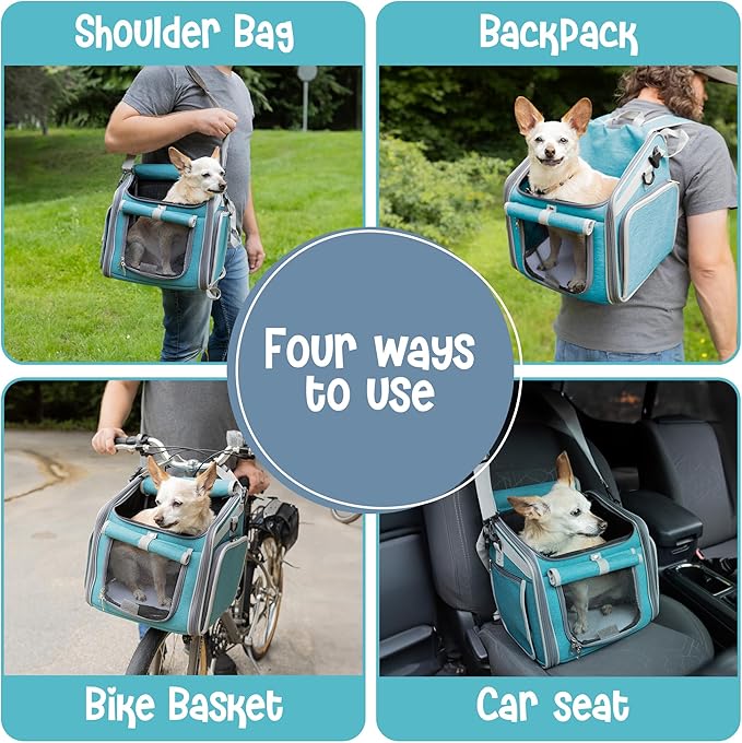 Dog Bike Basket, Mesh Windows, 2 Safety Leashes, Soft Sided, Safe Comfortable Pet Carrier for Small Dogs, Cats (Blue)