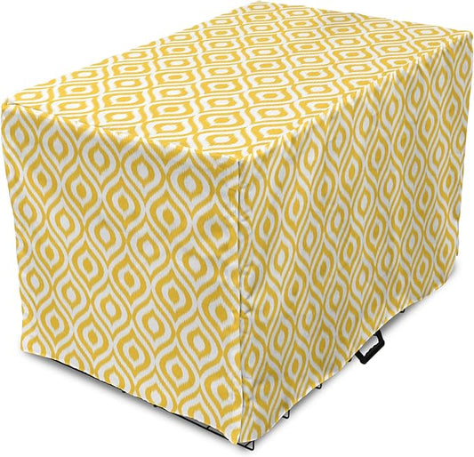 Lunarable Yellow Dog Crate Cover, Geometric Pattern with Ogee Shapes Waves and Curves Design Modern Boho Print, Easy to Use Pet Kennel Cover for Medium Large Dogs, 36 Inch, Yellow and White