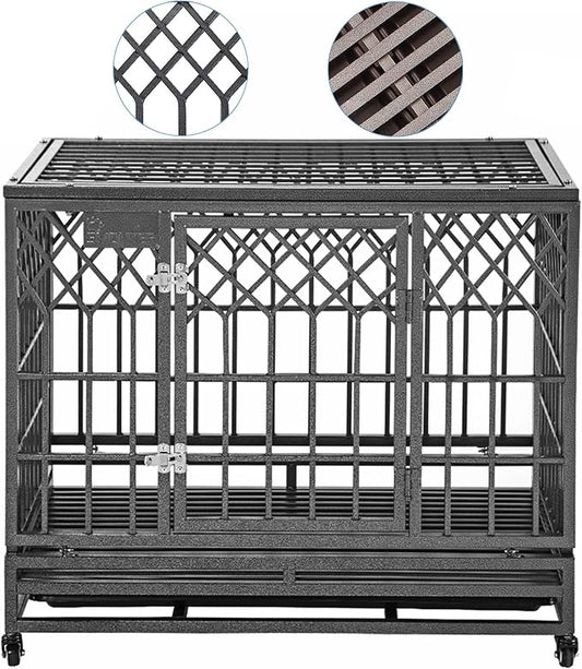 SMONTER Heavy Duty Dog Cage for Large Dog Strong Metal Kennel and Crate Pet Playpen with Three Doors, Four Wheels,38 Inch,Y Shape,Silver … … …