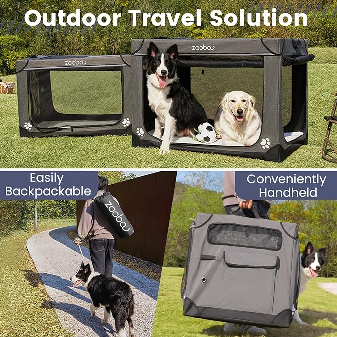 42" Portable Soft Dog Crate for Large Dogs - Collapsible Travel Kennel with Carry Bag, Foldable Cage with Durable Textilene Mesh Door, Plush Bed - Ideal for Home or Travel - Charcoal Gray
