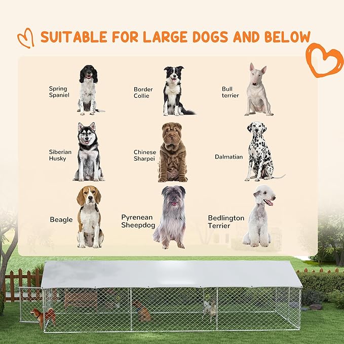 PawHut Large Dog Kennel Outside, Heavy Duty Dog Cage with Waterproof Cover, Outdoor Fence Dog Run with Galvanized Chain Link, Secure Lock, 19.7' x 7.5' x 4.9'