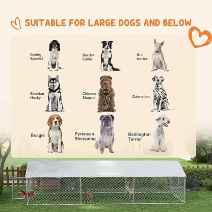 PawHut Large Dog Kennel Outside, Heavy Duty Dog Cage with Waterproof Cover, Outdoor Fence Dog Run with Galvanized Chain Link, Secure Lock, 19.7' x 7.5' x 4.9'