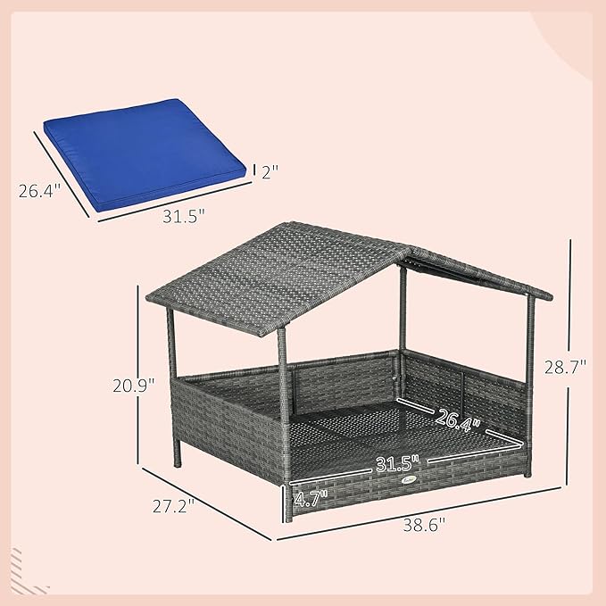 PawHut Wicker Dog House Outdoor with Canopy, Rattan Dog Bed with Water-Resistant Cushion, Raised Dog Bed for Small, Medium Dogs up to 66 lbs, 19.75" in Length, Gray Wicker, Dark Blue Cushion