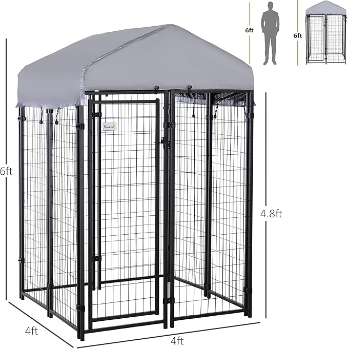 PawHut Outdoor Dog Kennel with Roof, 4' x 4' x 6' Heavy Duty Welded Wire Dog Playpen Enclosure with Escape-Proof Lock, UV-Resistant & Waterproof Cover, for Medium Dogs, Silver