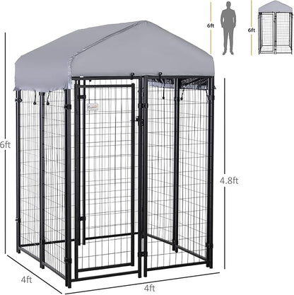 PawHut Outdoor Dog Kennel with Roof, 4' x 4' x 6' Heavy Duty Welded Wire Dog Playpen Enclosure with Escape-Proof Lock, UV-Resistant & Waterproof Cover, for Medium Dogs, Silver