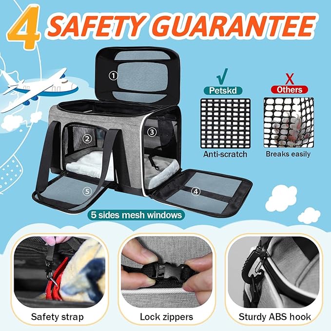 Petskd Top-Expandable Pet Carrier 17x12x8.5 Inches JetBlue Frontier Spirit Airline Approved, Soft-Sided Carrier for Small Cats and Dogs with Locking Safety Zippers and Anti-Scratch Mesh(Grey)